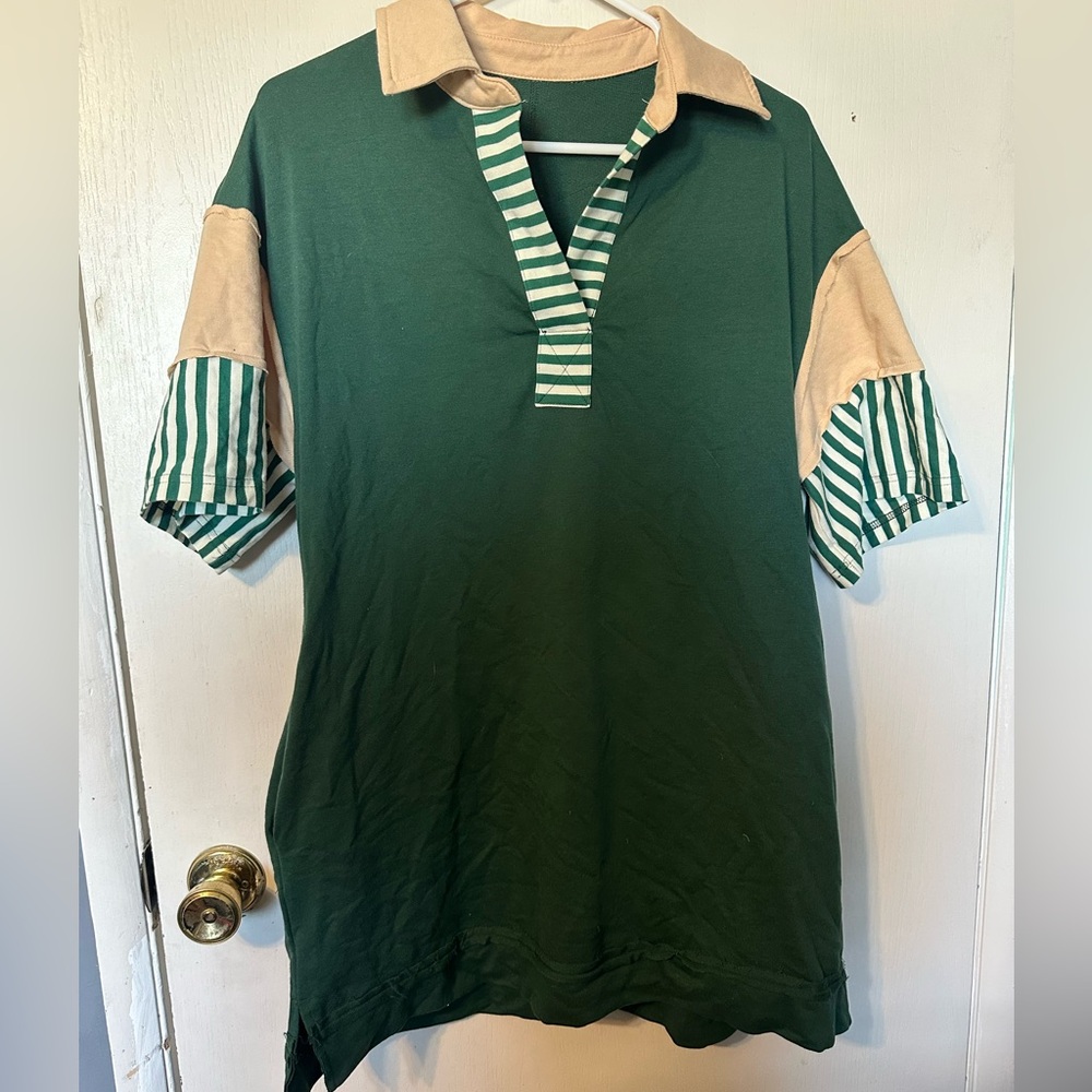 Green and Beige Striped Polo T Shirt Dress size small
